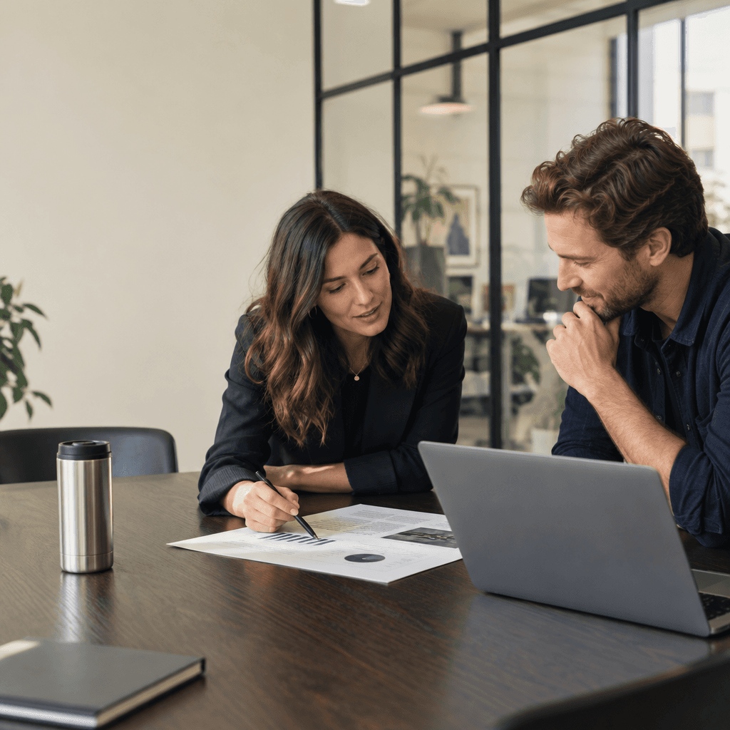 A photo showing two people having a meeting