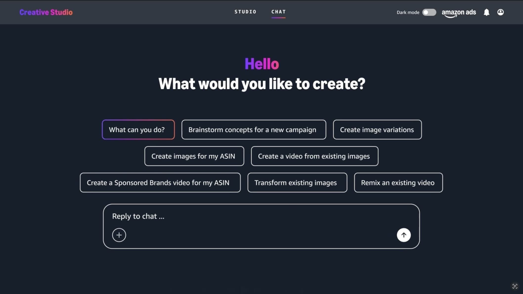 Screenshot of the Amazon Creative AI Studio Interface