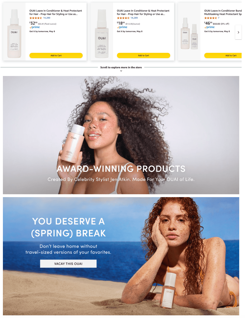 Amazon spred of OUAI storeftont, with model shots and individual listings