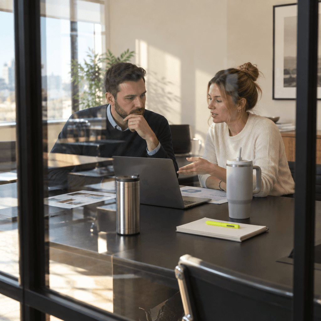 An image of two people talking about business