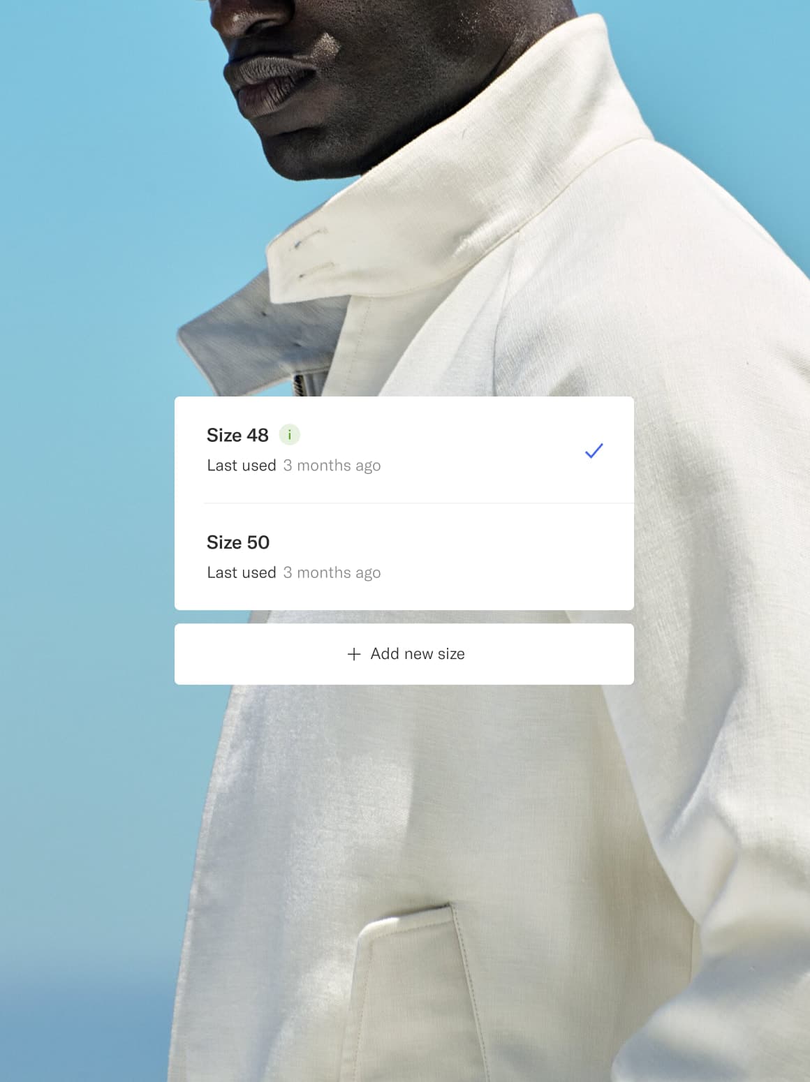 Example of the Suitsupply size passport interface placed over an image of a model wearing an off-white jacket with a blue sky in the background.