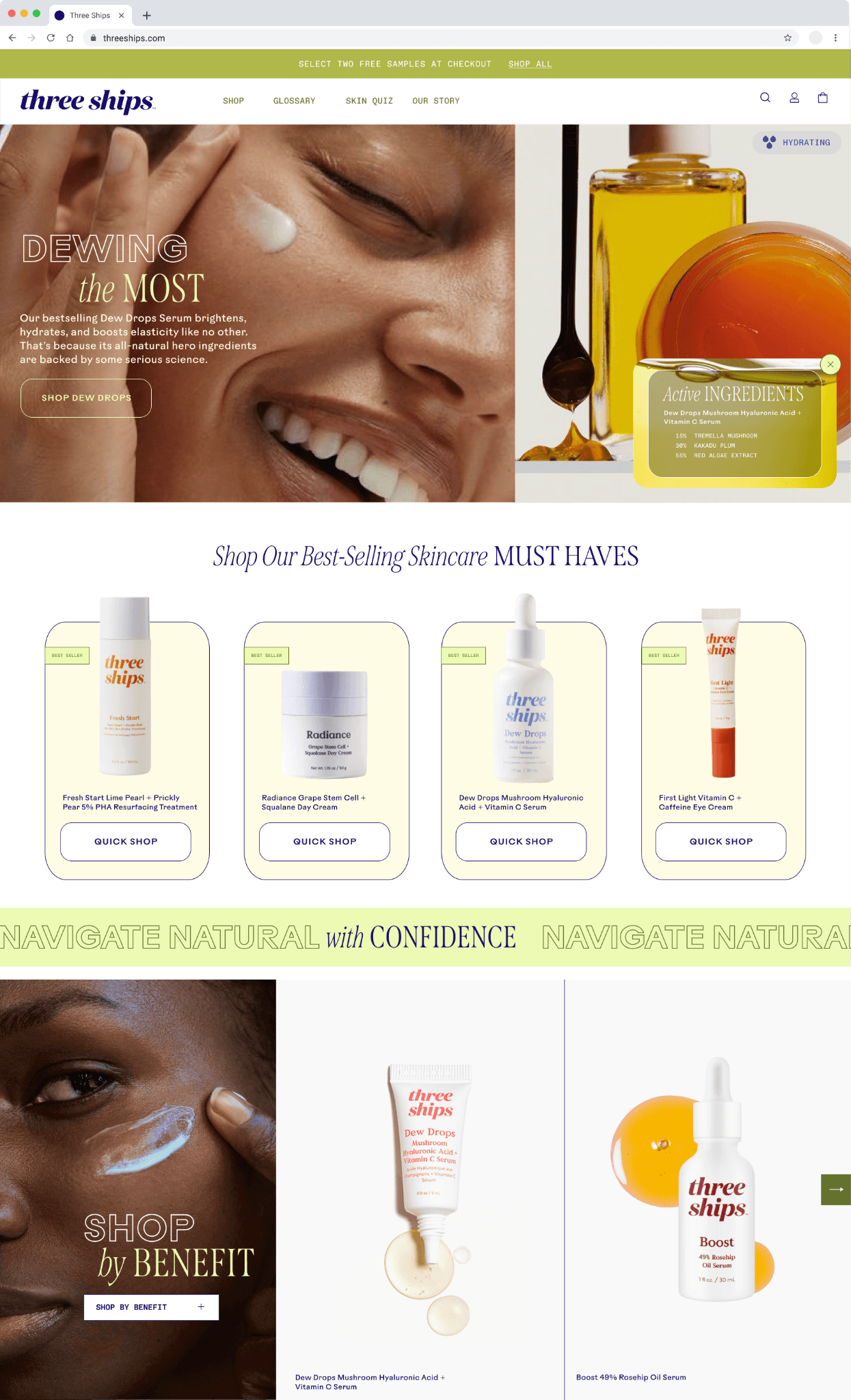Website showcasing Three Ships skincare products, highlighting best-sellers like serums and creams with images and quick shop options.