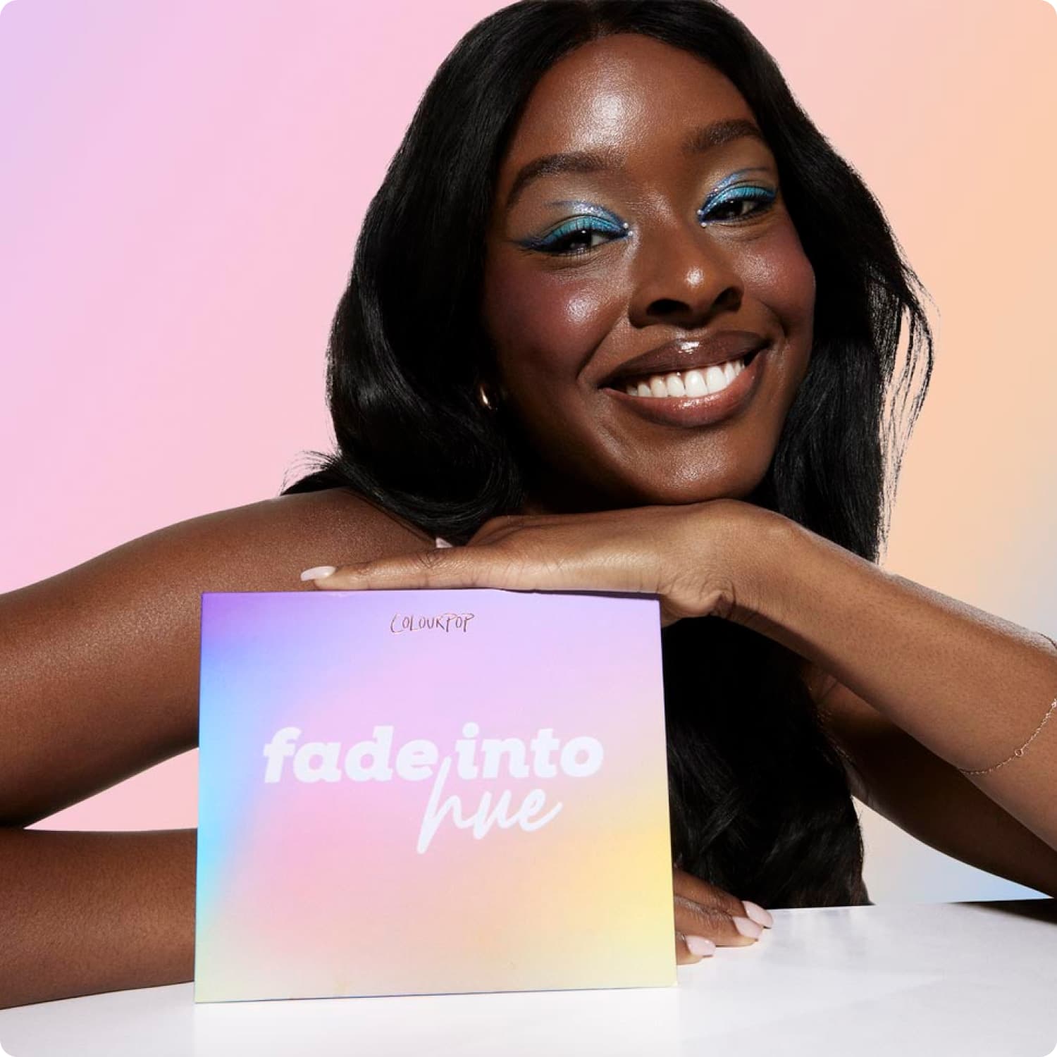 Fade into hue, colourpop product showcase with model smiling