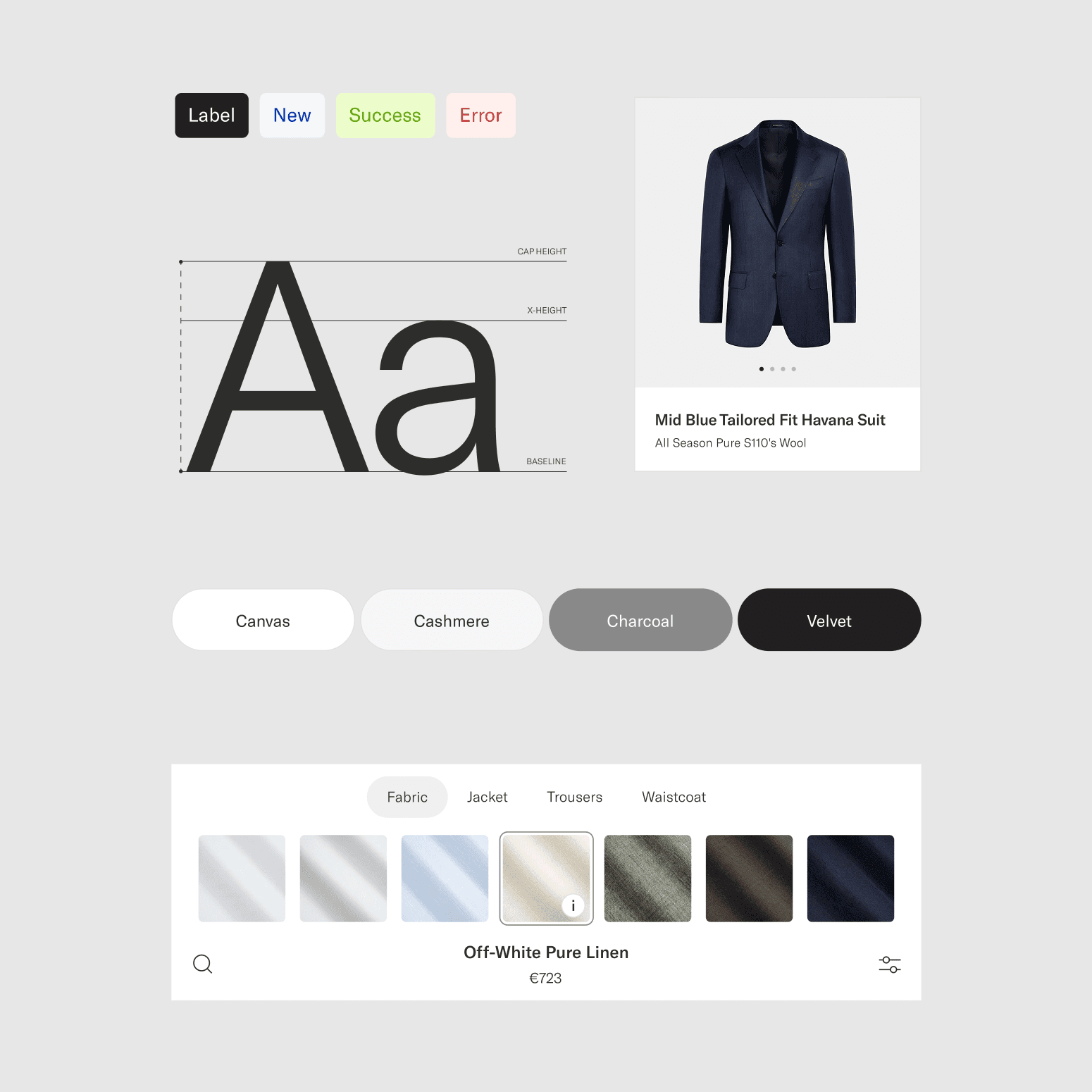 UI overview of Suitsupply design system showing a tailored blue suit product card, font scale and fabric options.