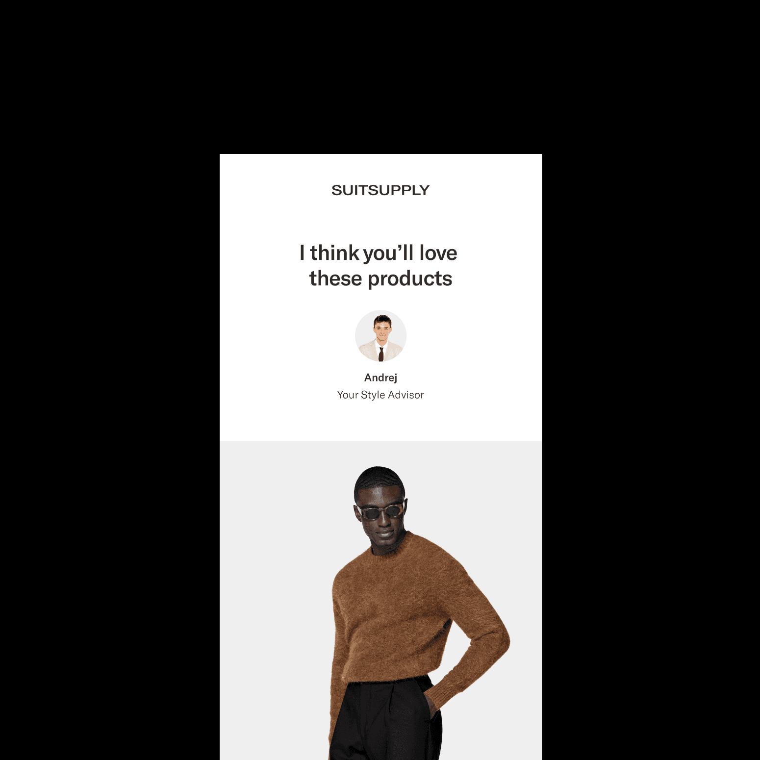 A Suitsupply email layout with a Style advisor recommendations