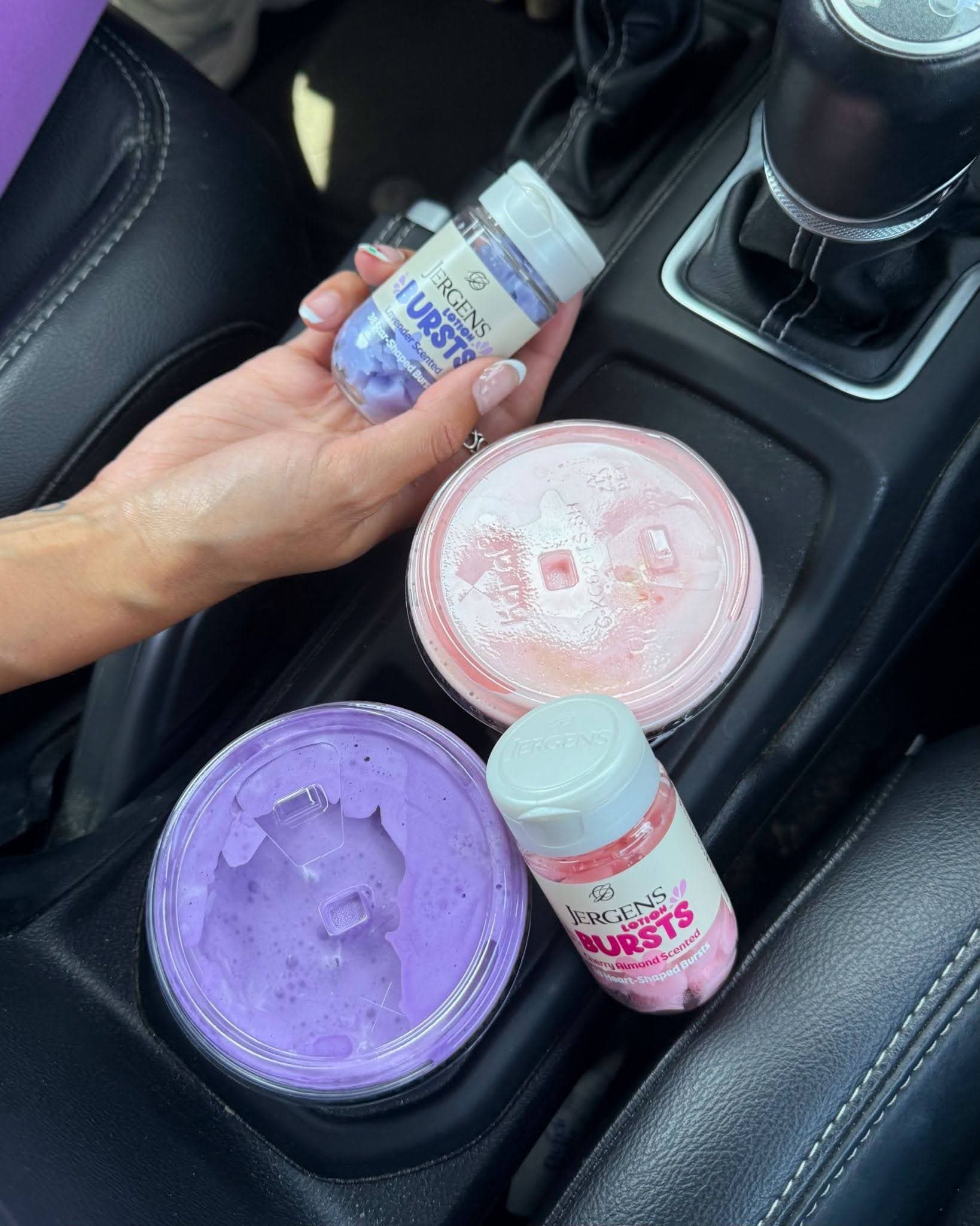 Jergens bursts lotions inside a car with two matching coffee flavors