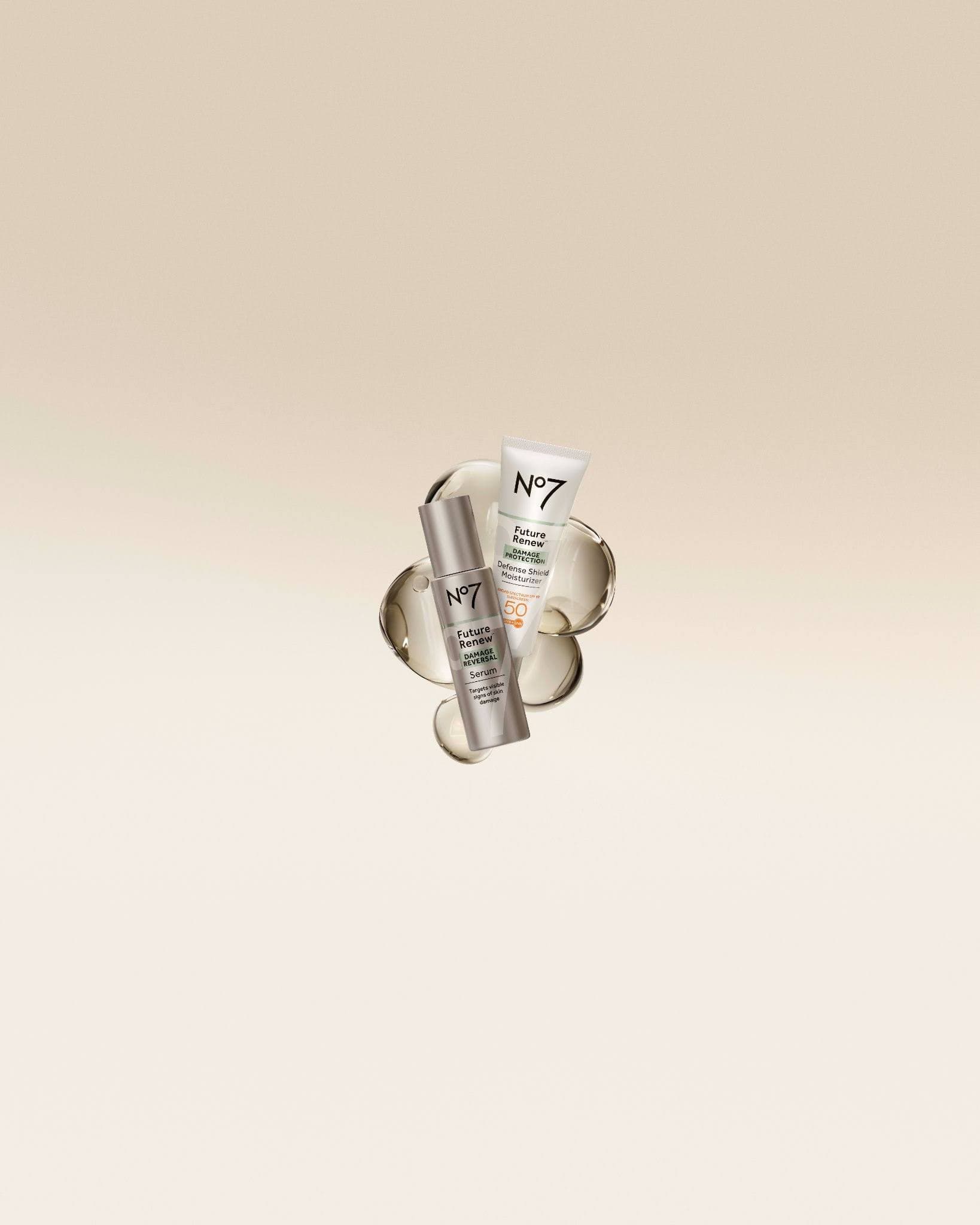 no7 Amazon product page floating beige background two products