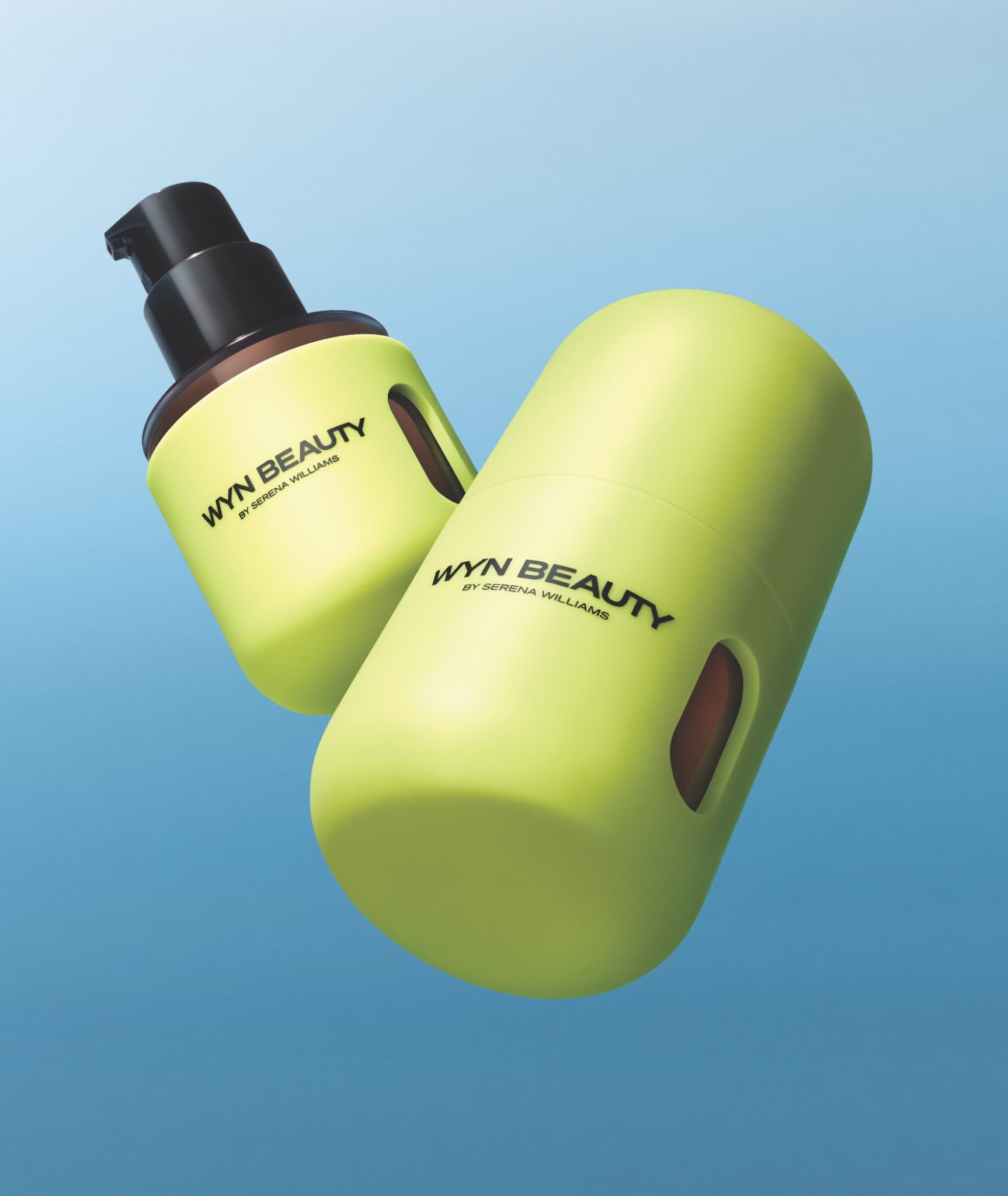 Two lime green Wyn Beauty bottles with black text, set against a gradient blue background.