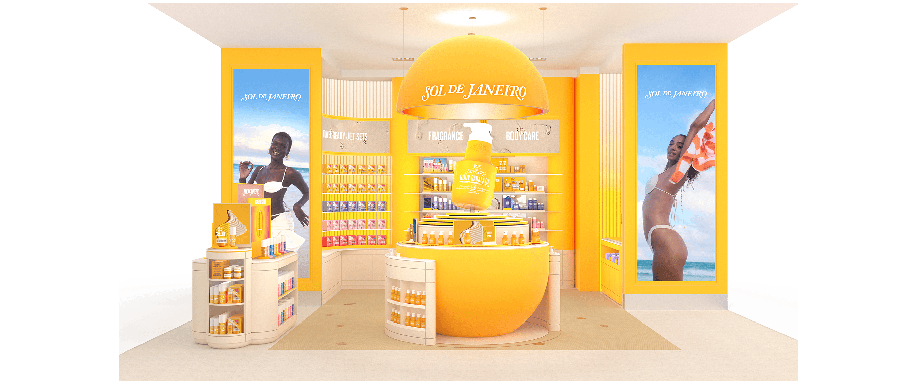 Bright, beach-themed Sol de Janeiro display with large product bottles, vibrant decor, and promotional posters of women in swimwear.
