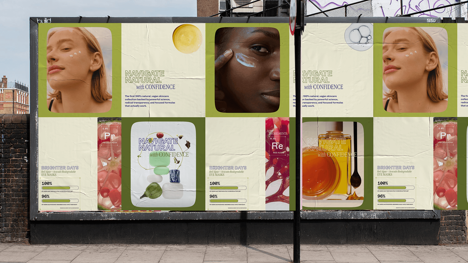 Billboard displaying skincare advertisements with diverse models applying cream, promoting natural ingredients like prickly pear and red algae.