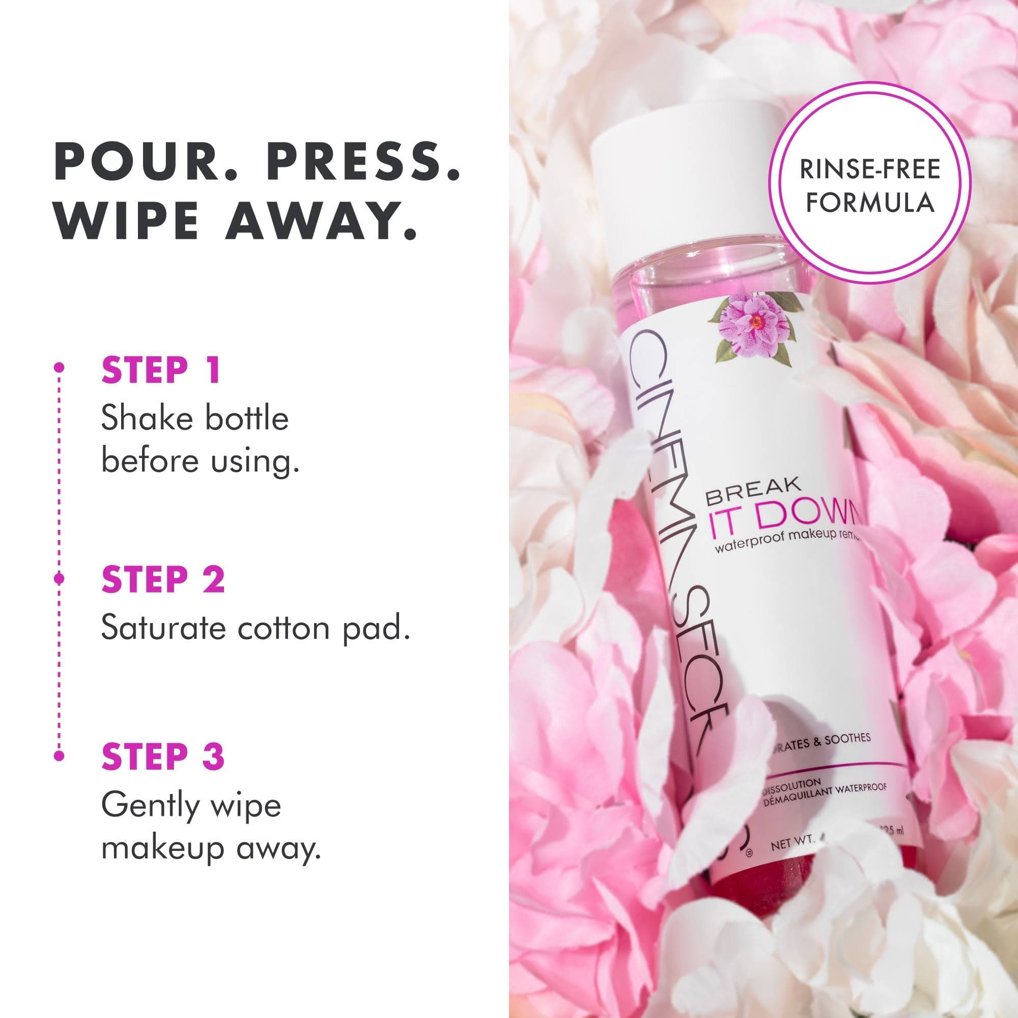 Cinema Secrets waterproof makeup remover product on a bed of flowers with product information throughout