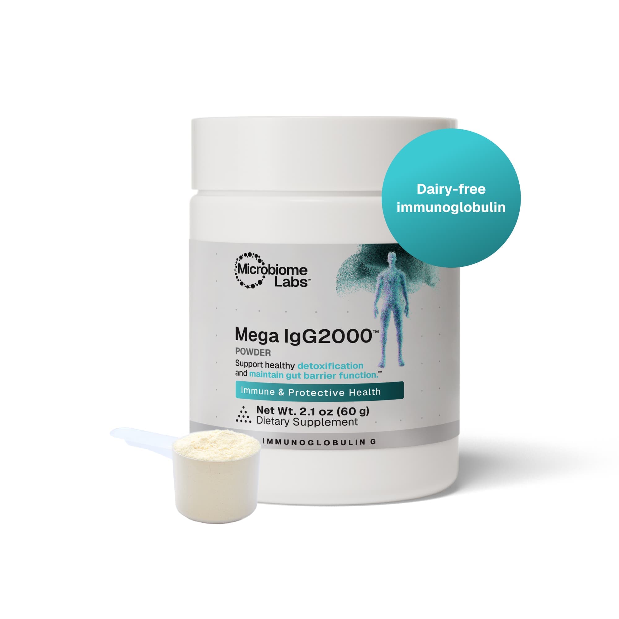 Mega IG2000 bottle with a scooper, dairy-free supplement by Microbiome Labs on Amazon