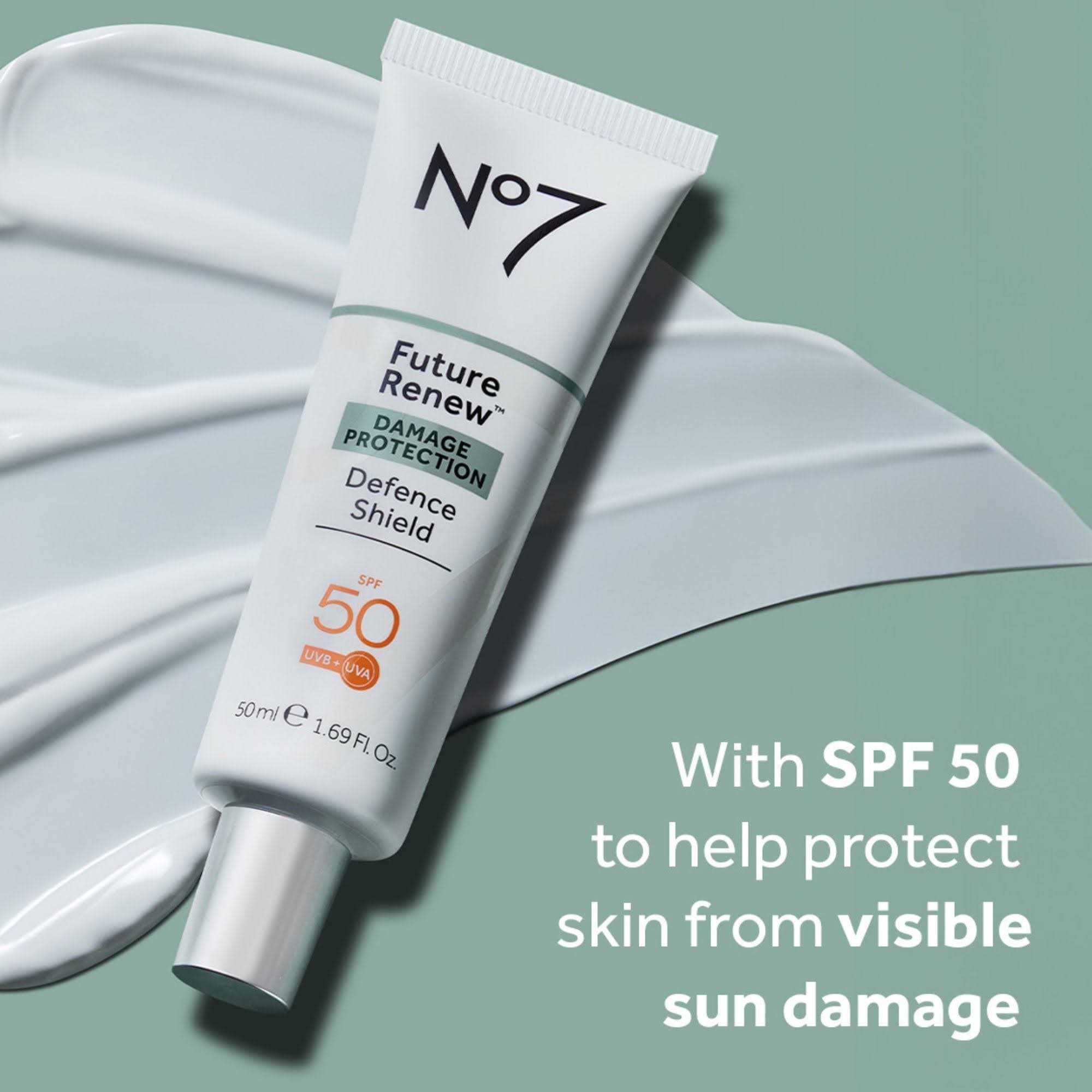 No 7 SPF face lotion with product details on a green background