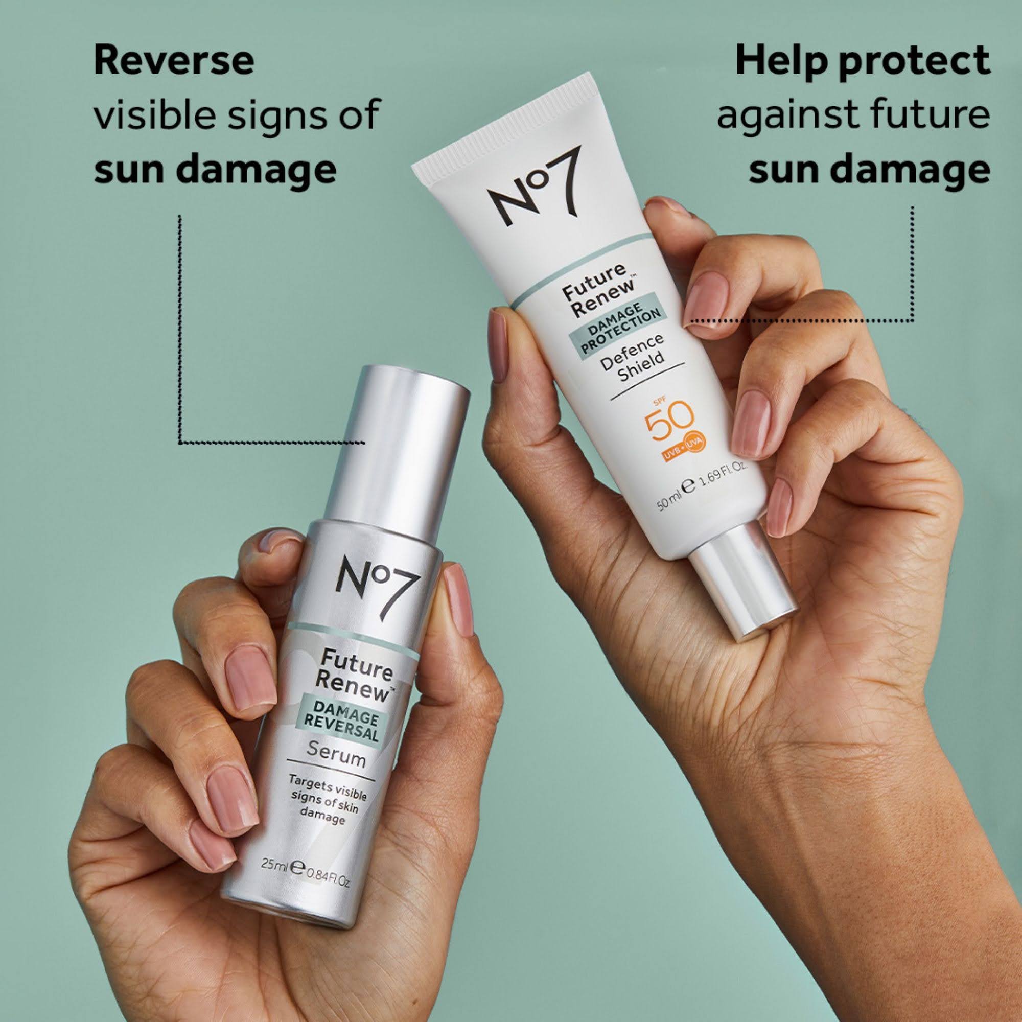 Models holds two products, No 7 facial cream and serum, with written product details