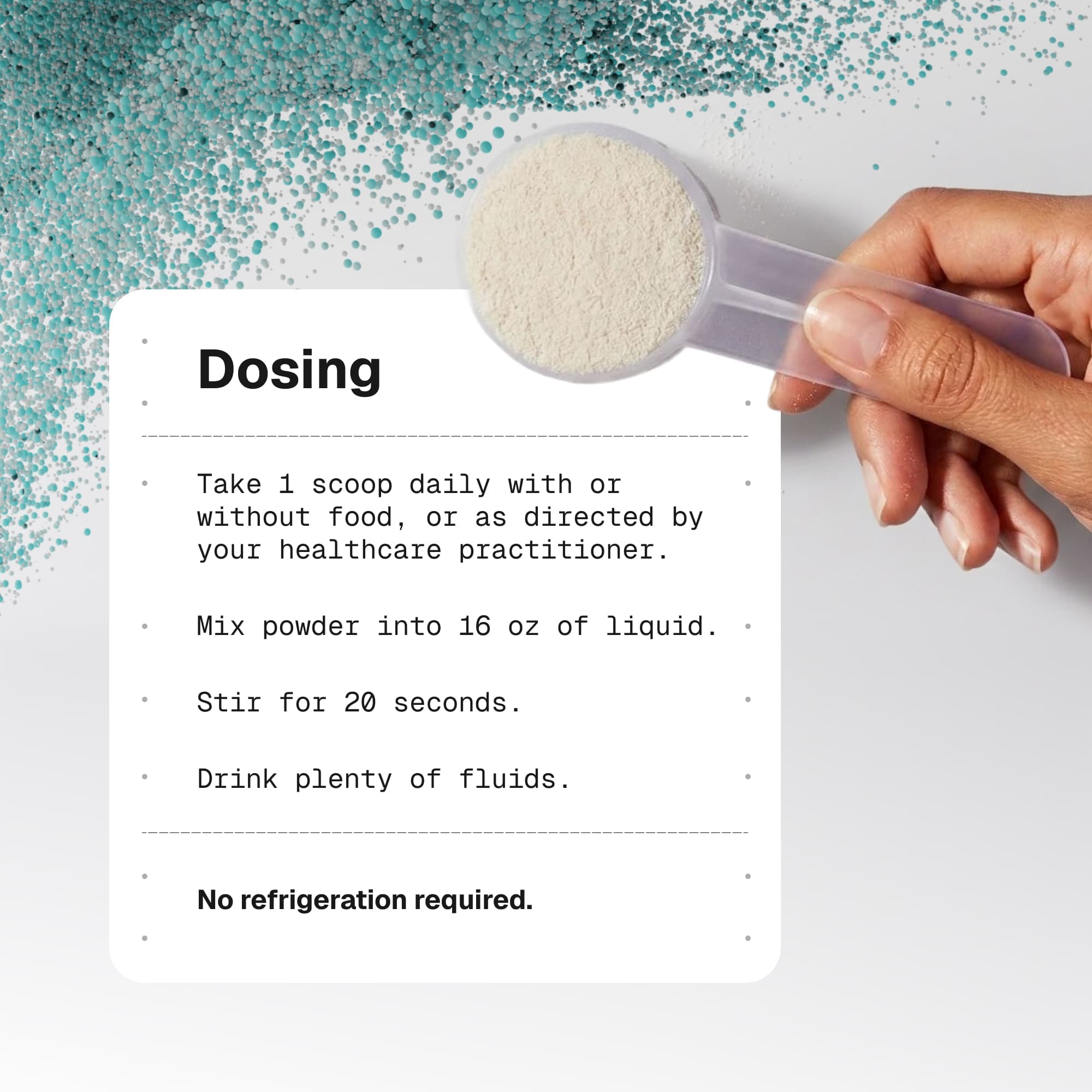 Hand holding powder in a dosing spoon, with instructions on how to ingest