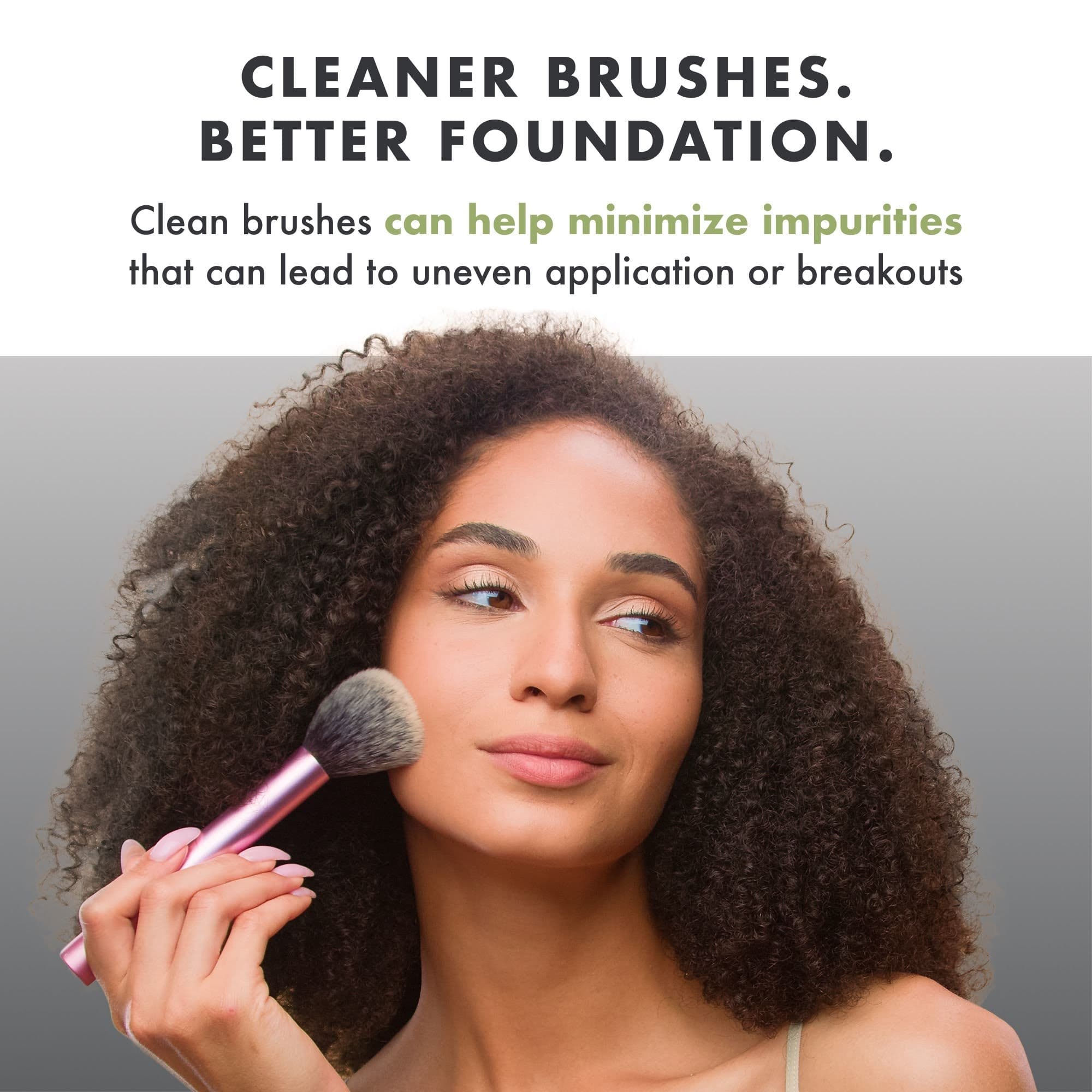 model holds makeup brush to her cheek, product Amazon details above