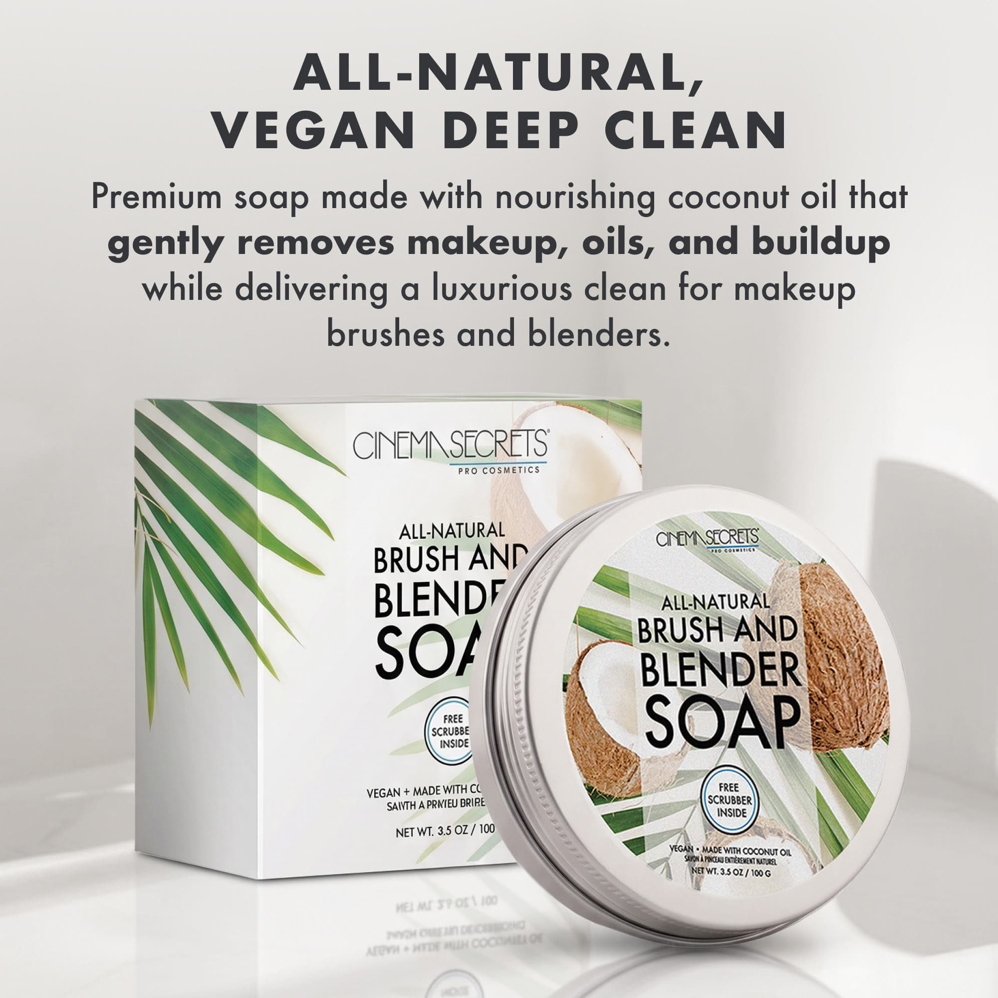 Cinema Secrets brush and blender soap packaging with product text above, Amazon pdp