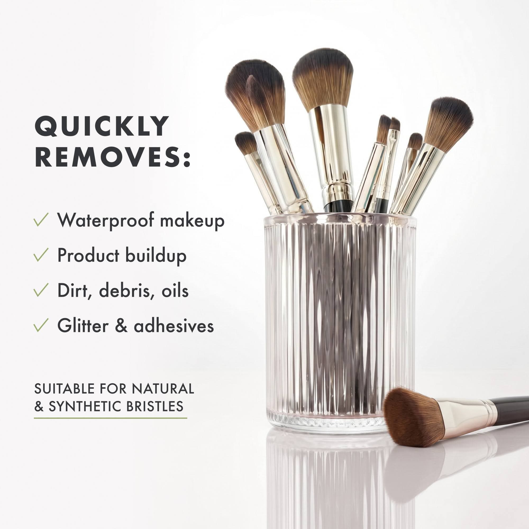 makeup brushes inside a glass with detailed instructions on how to clean and what the product removes