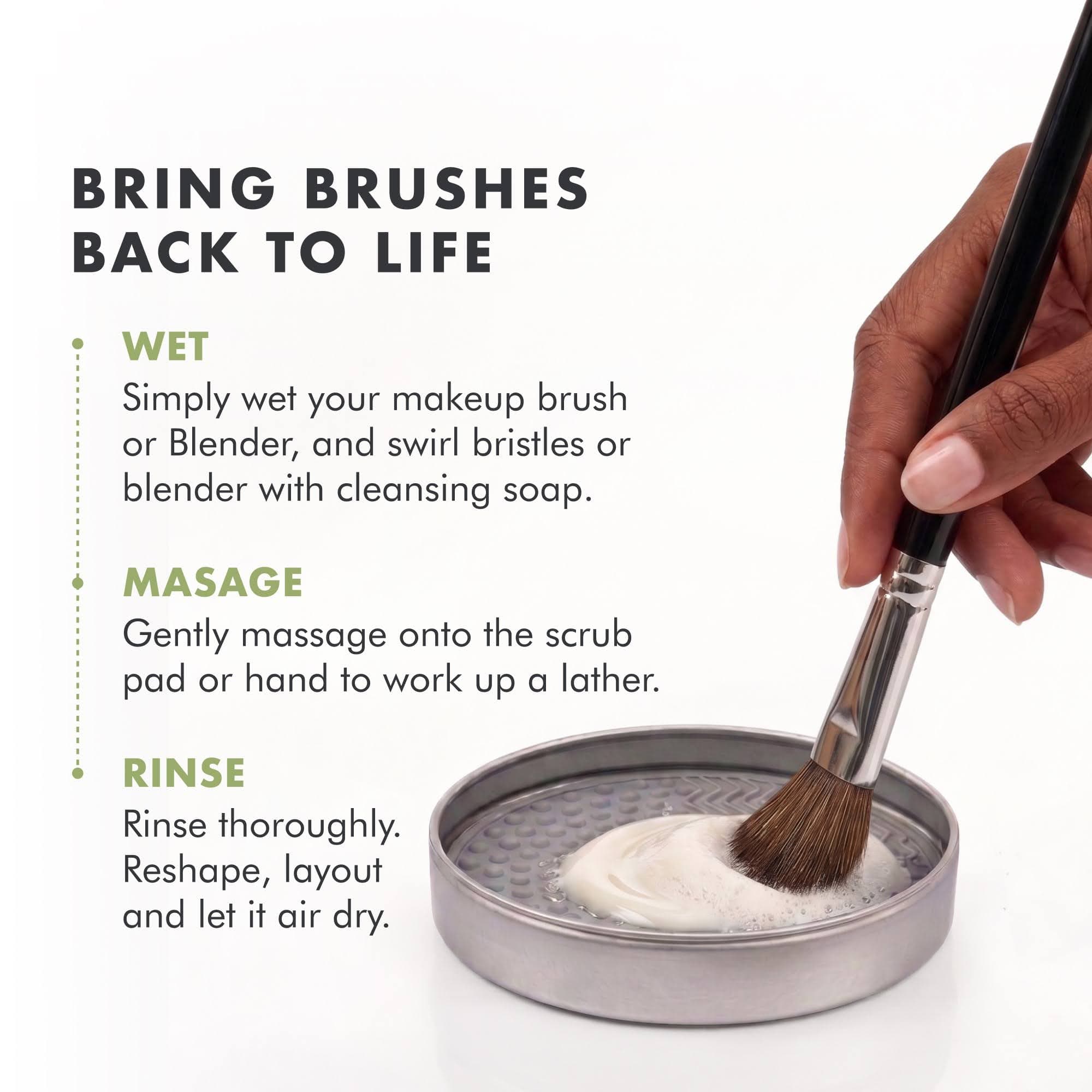 Cinema Secrets makeup brush with hand holding product, with instructions on how to clean brush