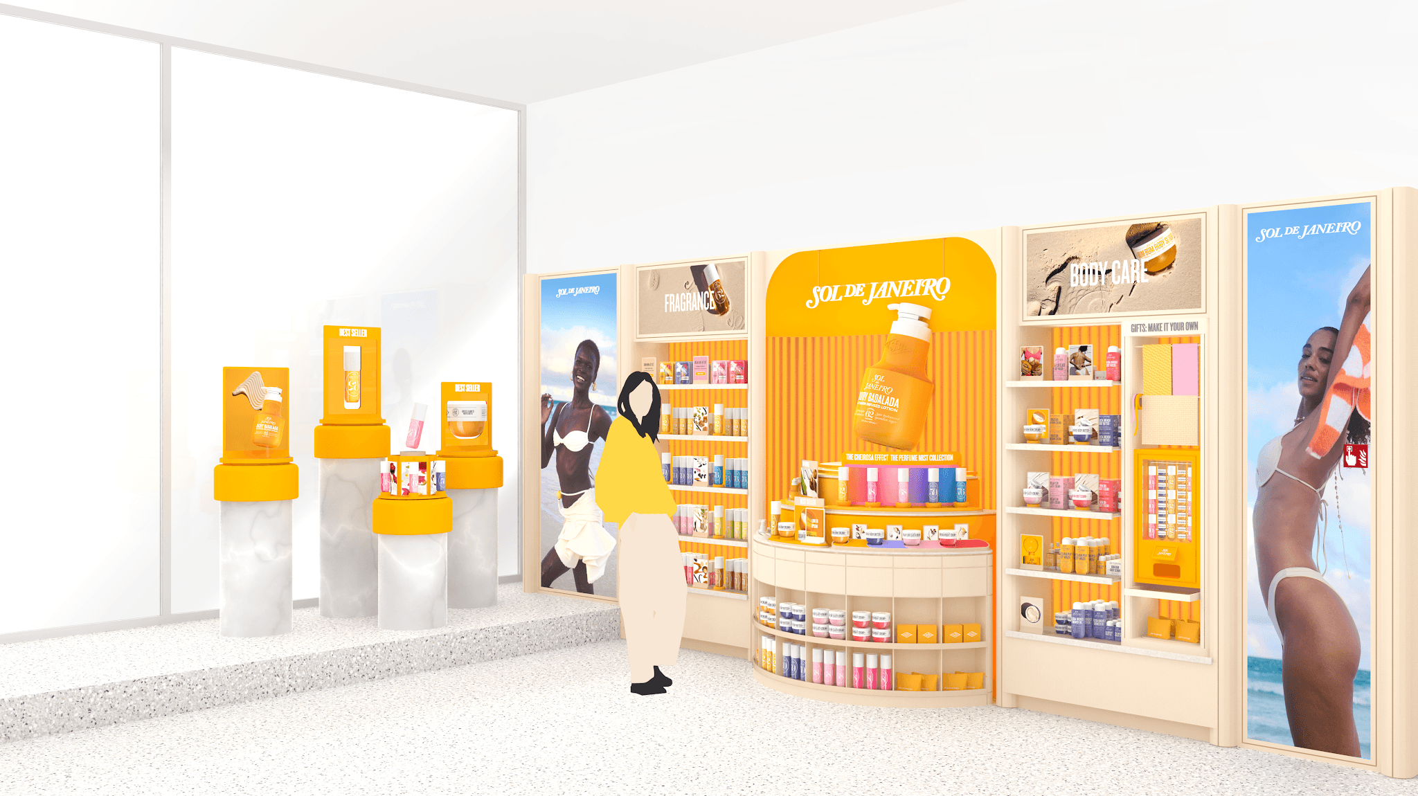 A woman stands in front of a vibrant, brightly-lit Sol de Janeiro display with products on shelves and colorful advertising posters.