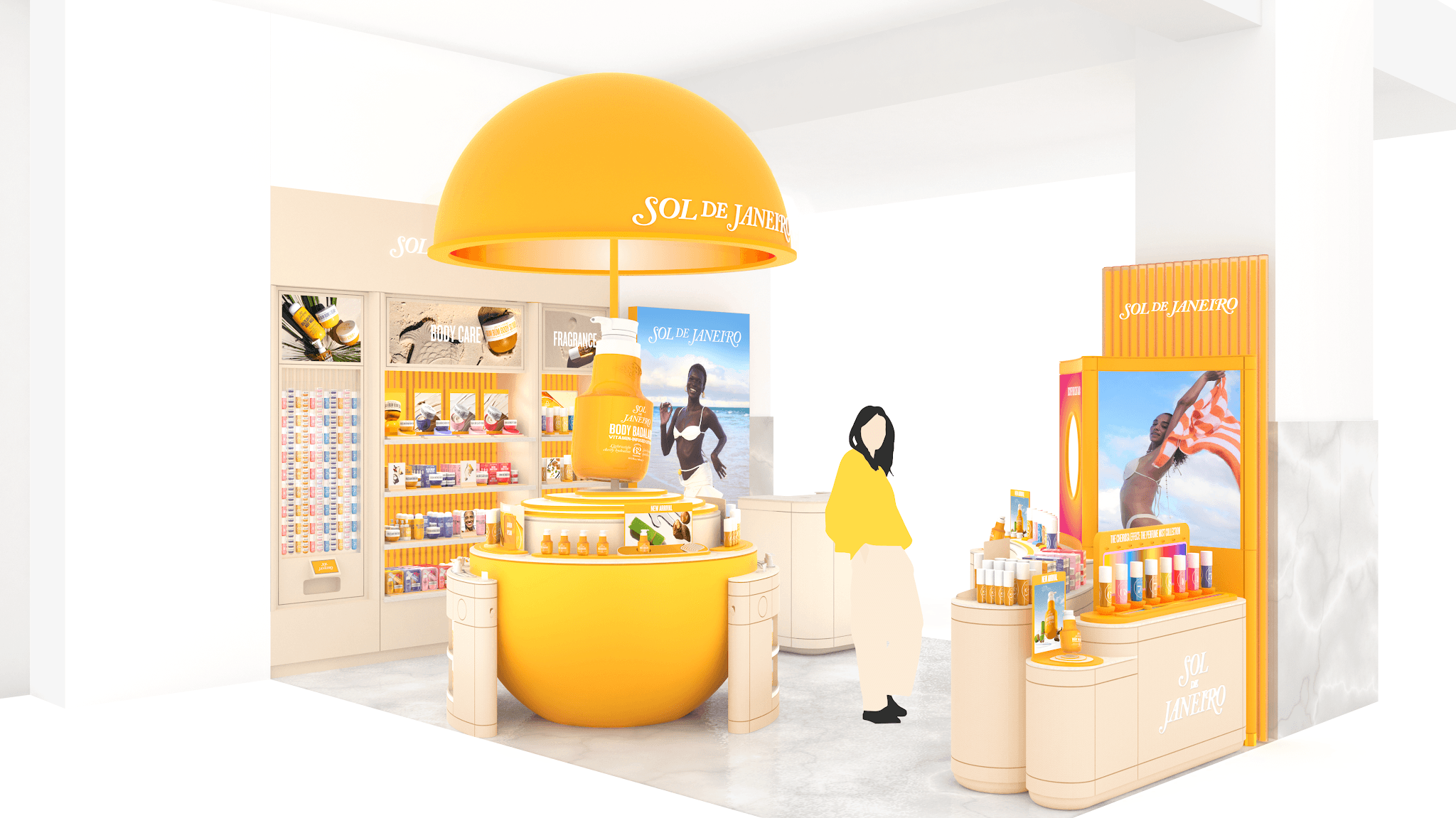 A vibrant store display for Sol de Janeiro, featuring skincare products on yellow shelves, an oversized bottle, and island-themed imagery.