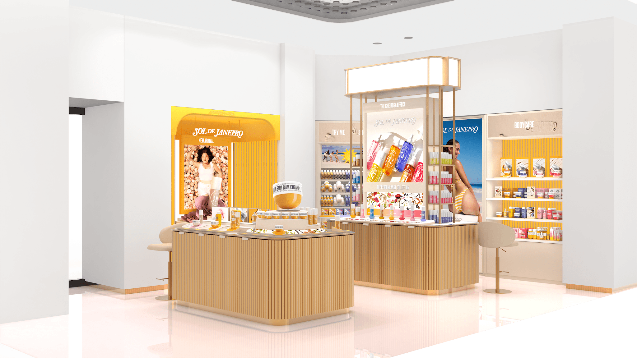 A bright store display featuring Sol de Janeiro products with colorful packaging, promotional posters, and neatly arranged shelves and counters.