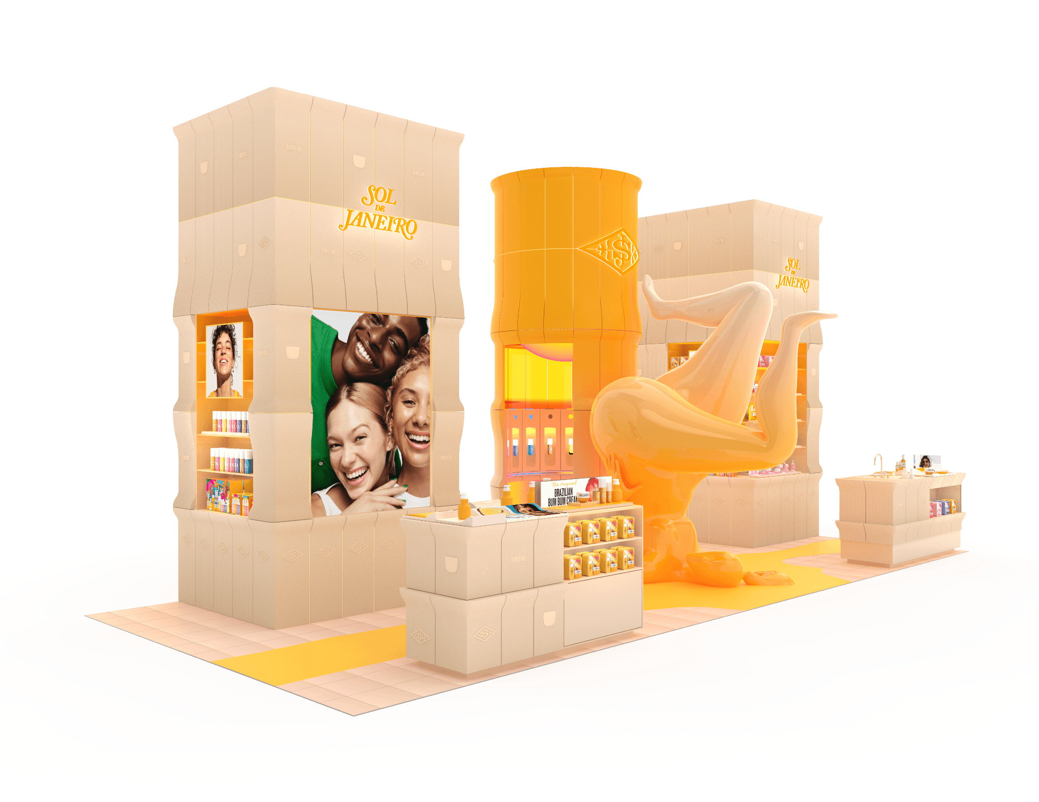 A vibrant exhibition booth for Sol de Janeiro with skincare products, large photos of smiling people, and a large orange sculpture as a centerpiece.