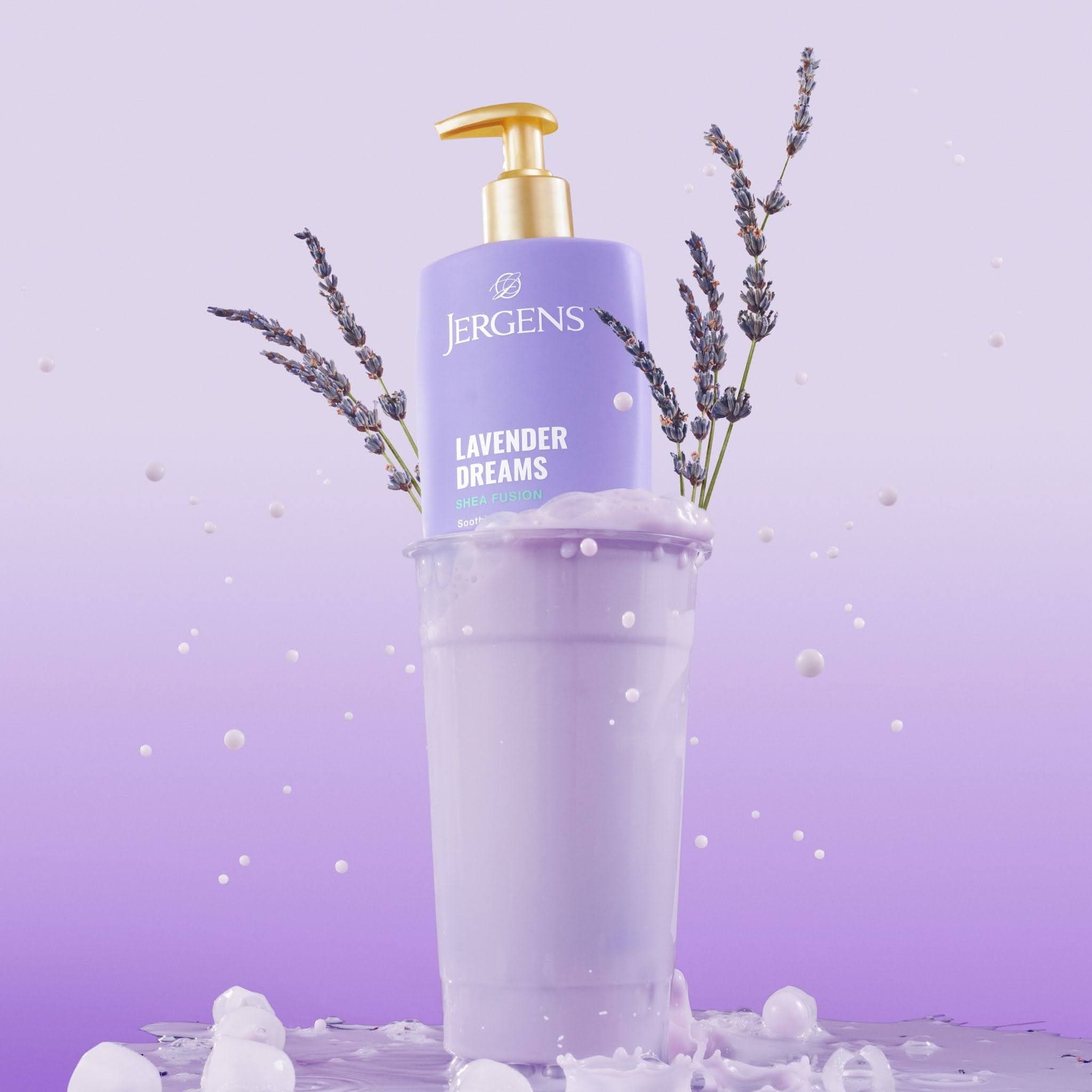 Jergens Lavender Dreams inside a purple cup with lavender pieces
