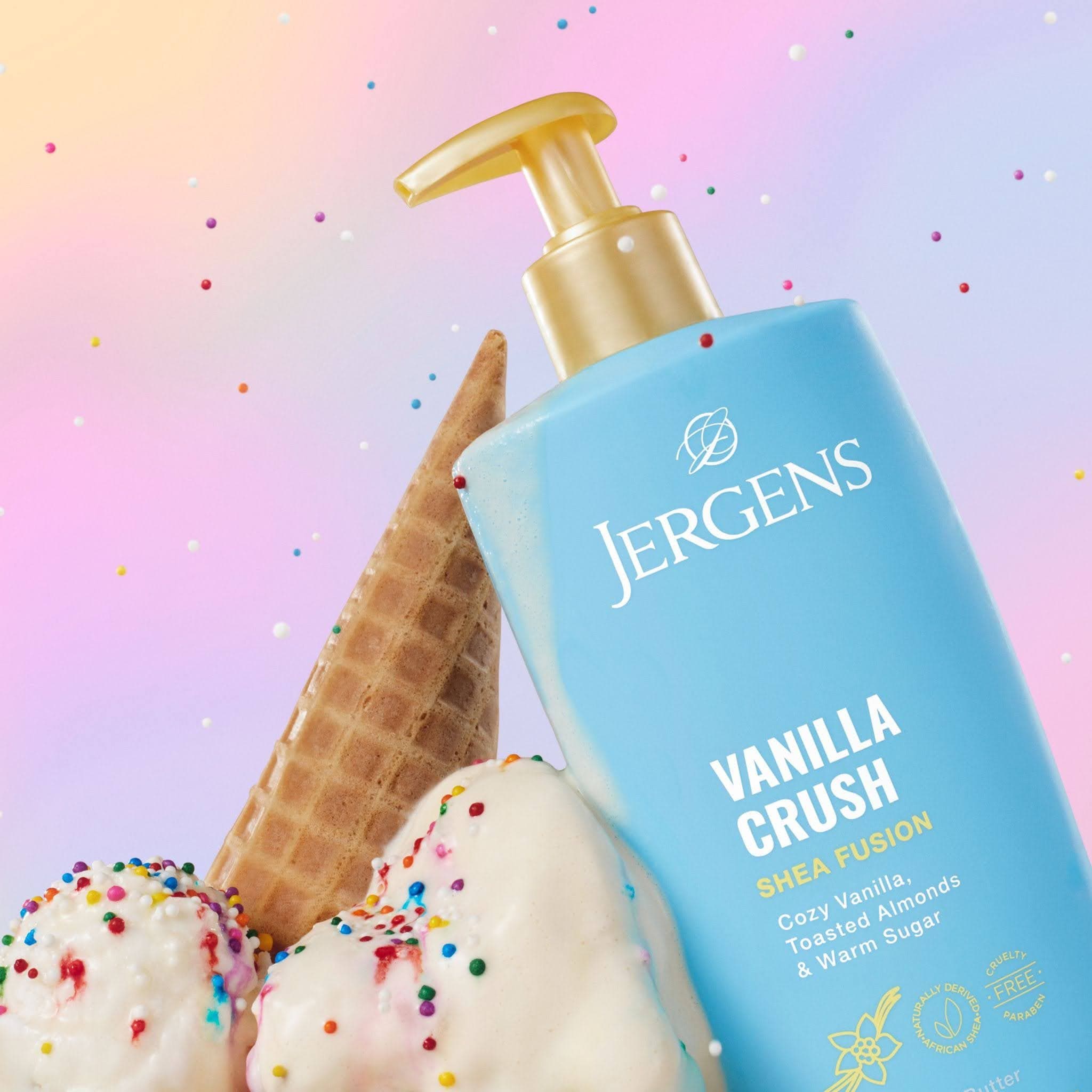 Jergens Vanilla Crush shea fusion lotion with two scoops of ice cream and an ice cream cone