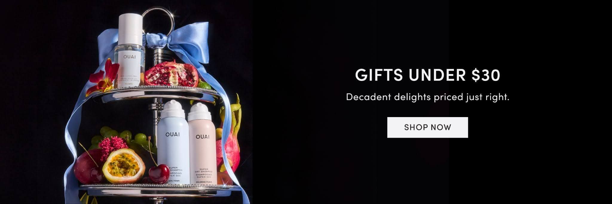 Gifts under $30, OUAI Amazon storefront banner with products, fruit, and bowl