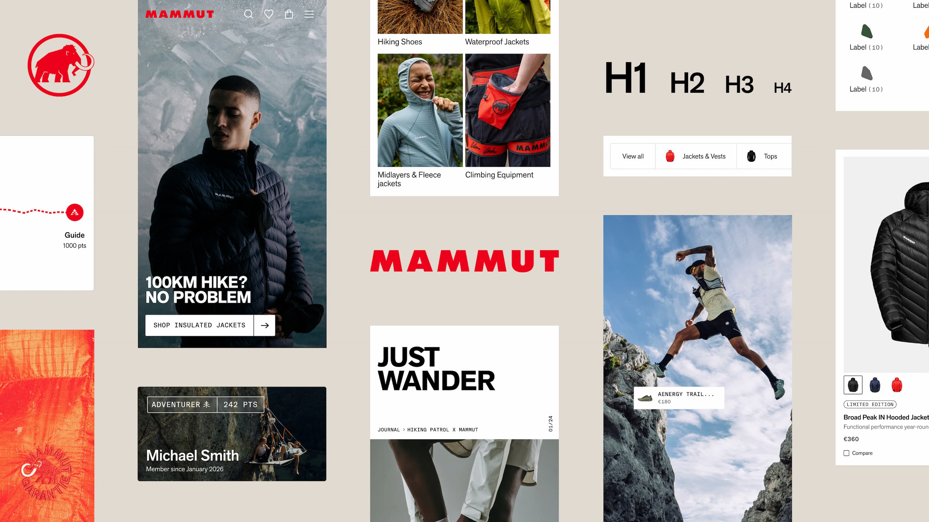 An overview of Mammut design system with the red iconic Mammut logo in the centre