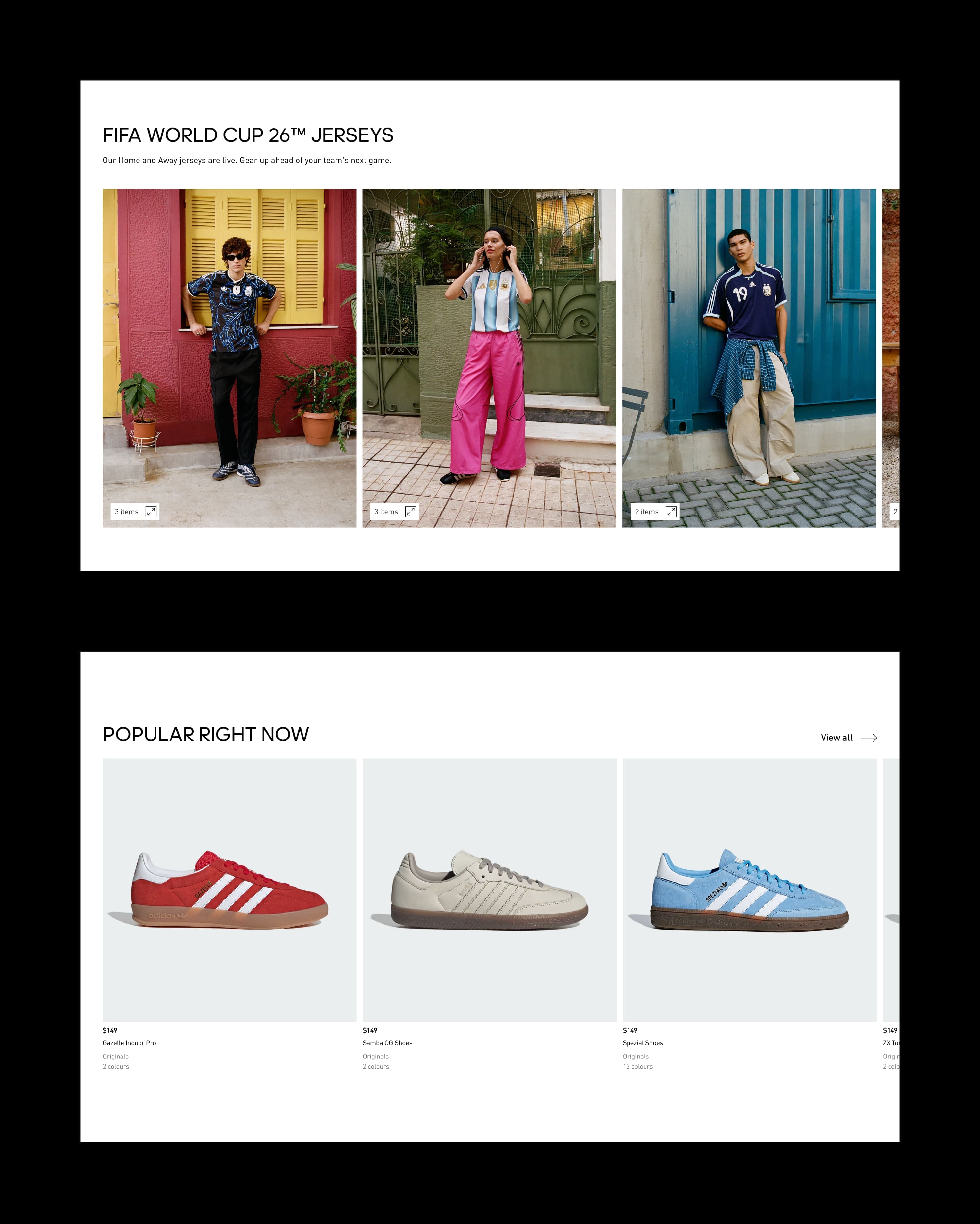 Two components from the Adidas desktop platform showcasing a gallery of full FIFA world cup looks and 3 Adidas Originals shoes including the iconic Gazelle model.
