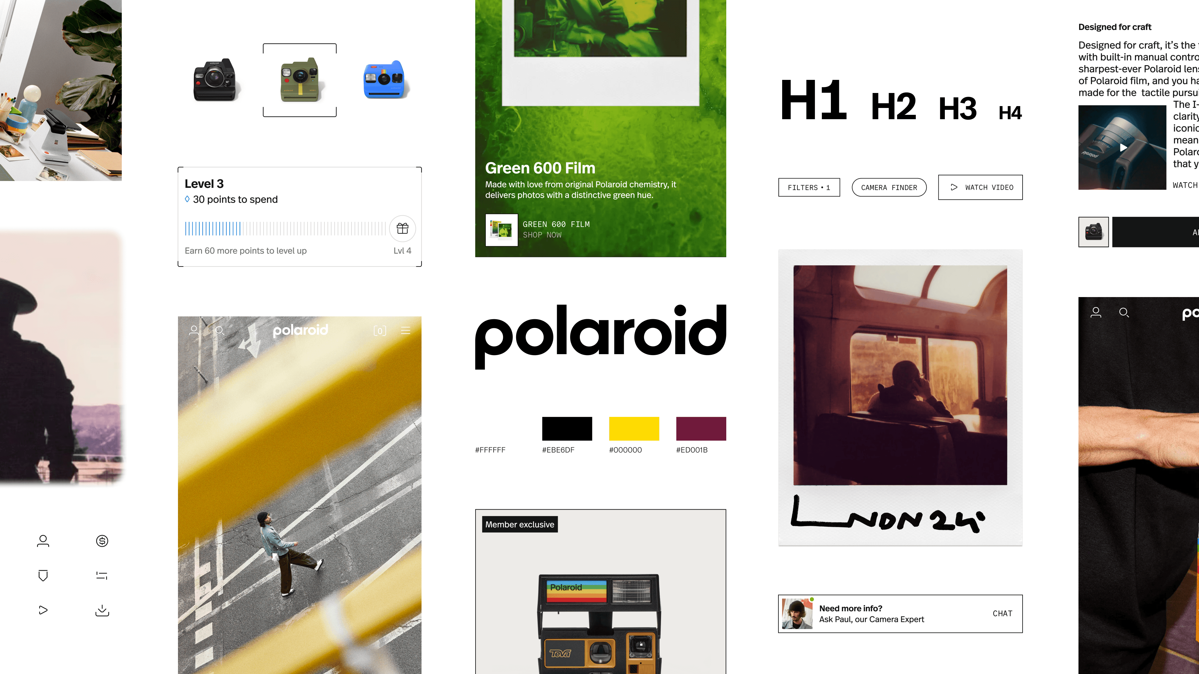Collage of Polaroid UI elements, including instant cameras and design layouts with brand colors.