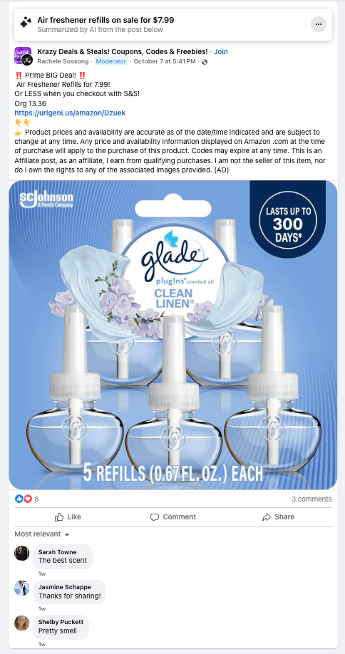 Image of five Glade plug-in air freshener refills with a "Clean Linen" scent, advertised as lasting up to 300 days.