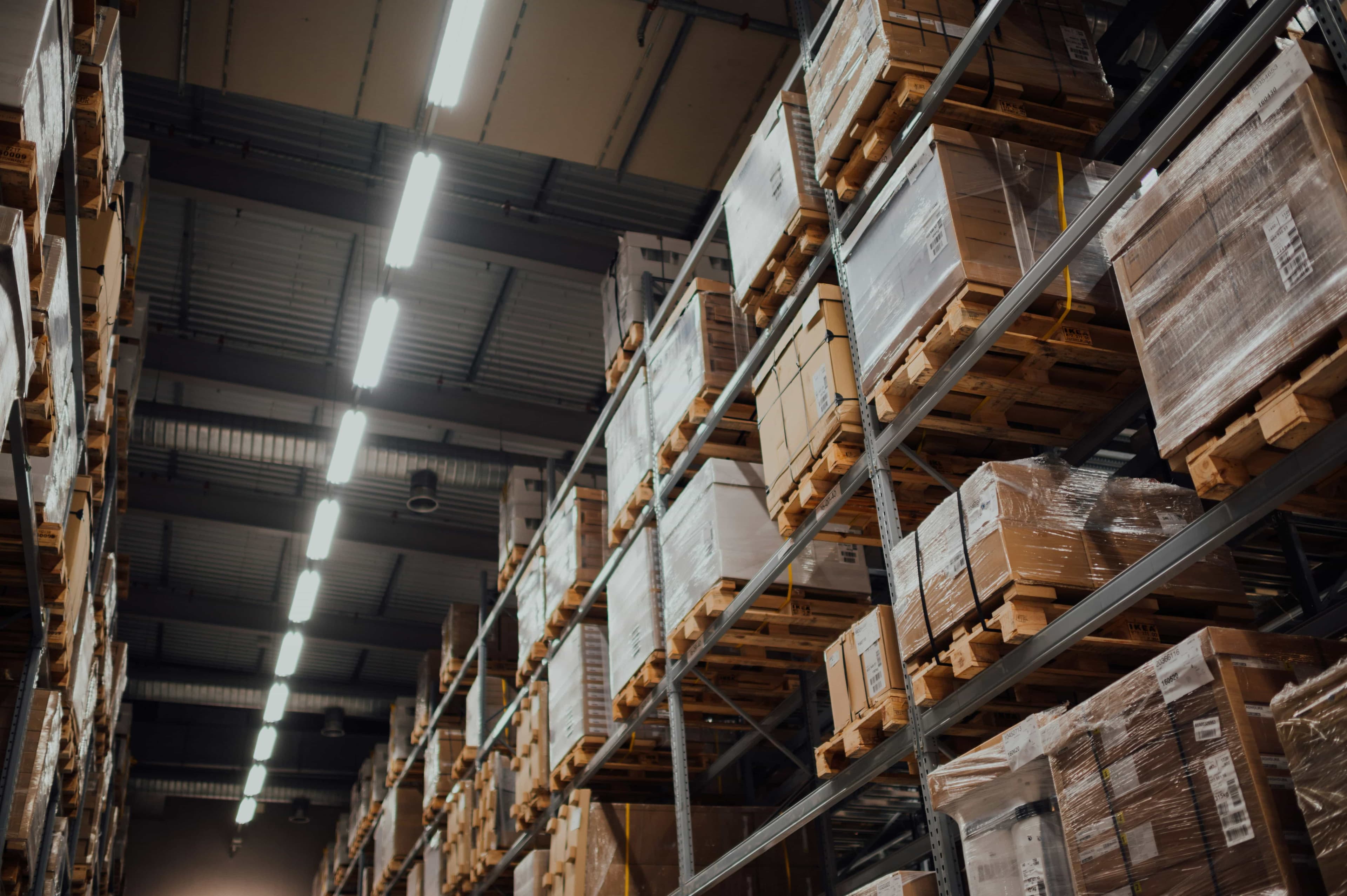 Warehouse photo, boxes and pallets stacked on top of each other