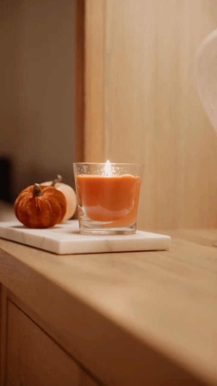 A lit orange candle in a glass holder on a wooden surface, next to small decorative pumpkins.