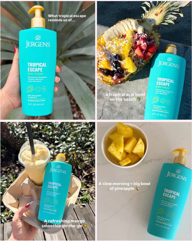 Influencer showcase of Jergens Tropical Escape around fruit like mangos, pineapples and acai bowl