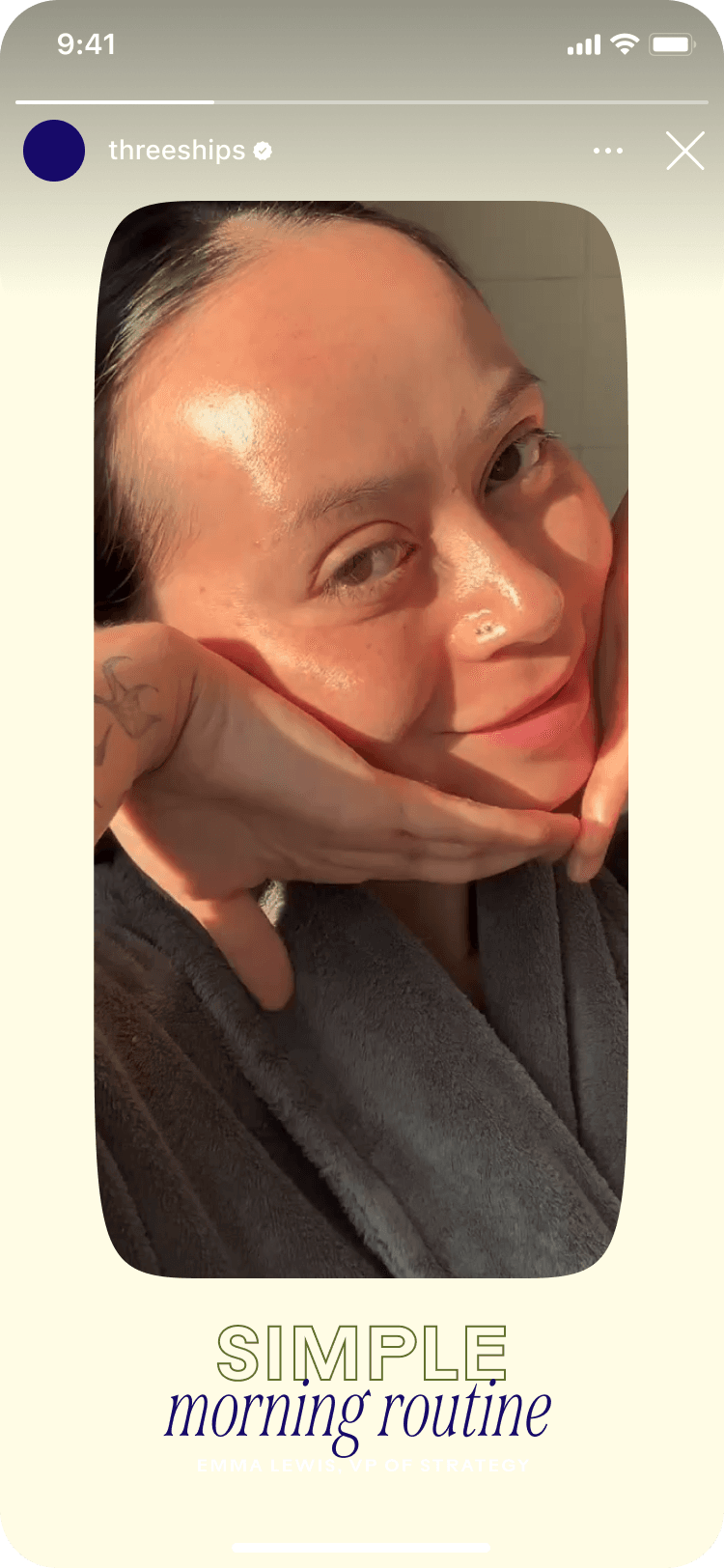 A person in a robe with hands framing their face, smiling softly in warm lighting. Text reads "Simple morning routine".