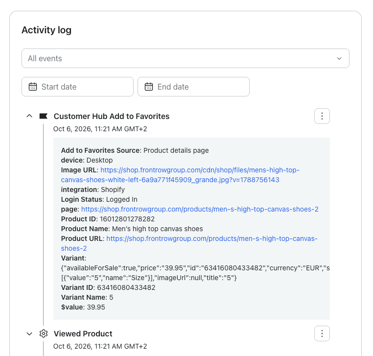 Customer Hub activity log