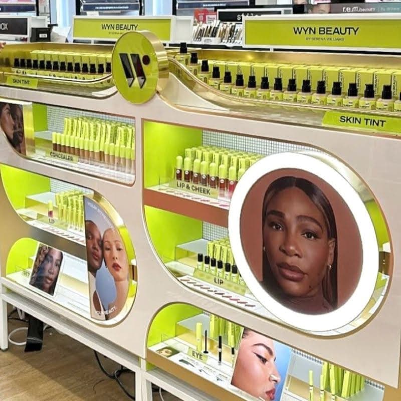 Makeup display featuring various beauty products labeled "Wyn Beauty."