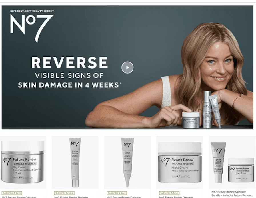 no 7 Amazon product page featuring 6 different SKUs and a hero video with a model smiling with products