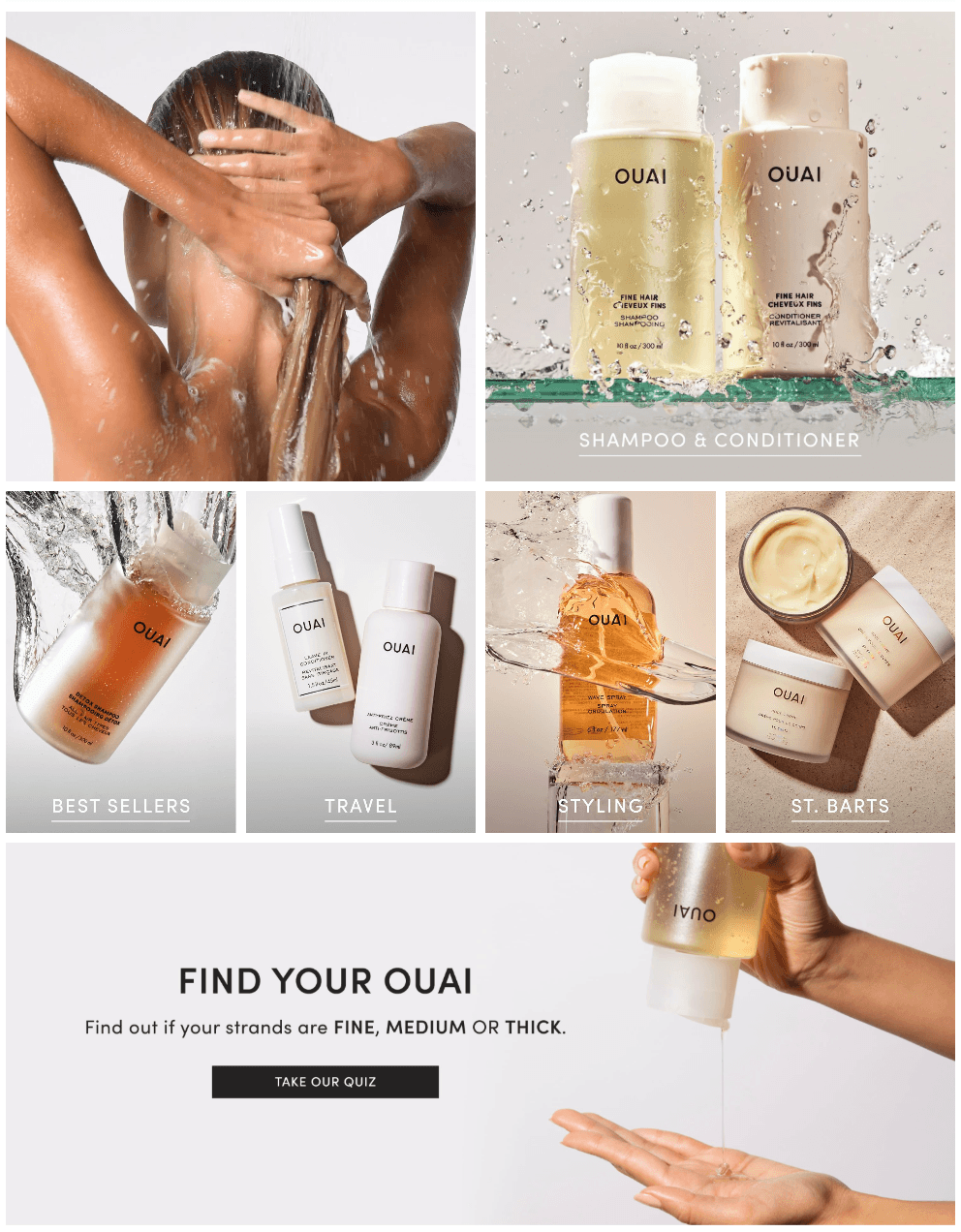 OUAI products for the Amazon storefront, including model shots, bottle shots, water, sand, and image text