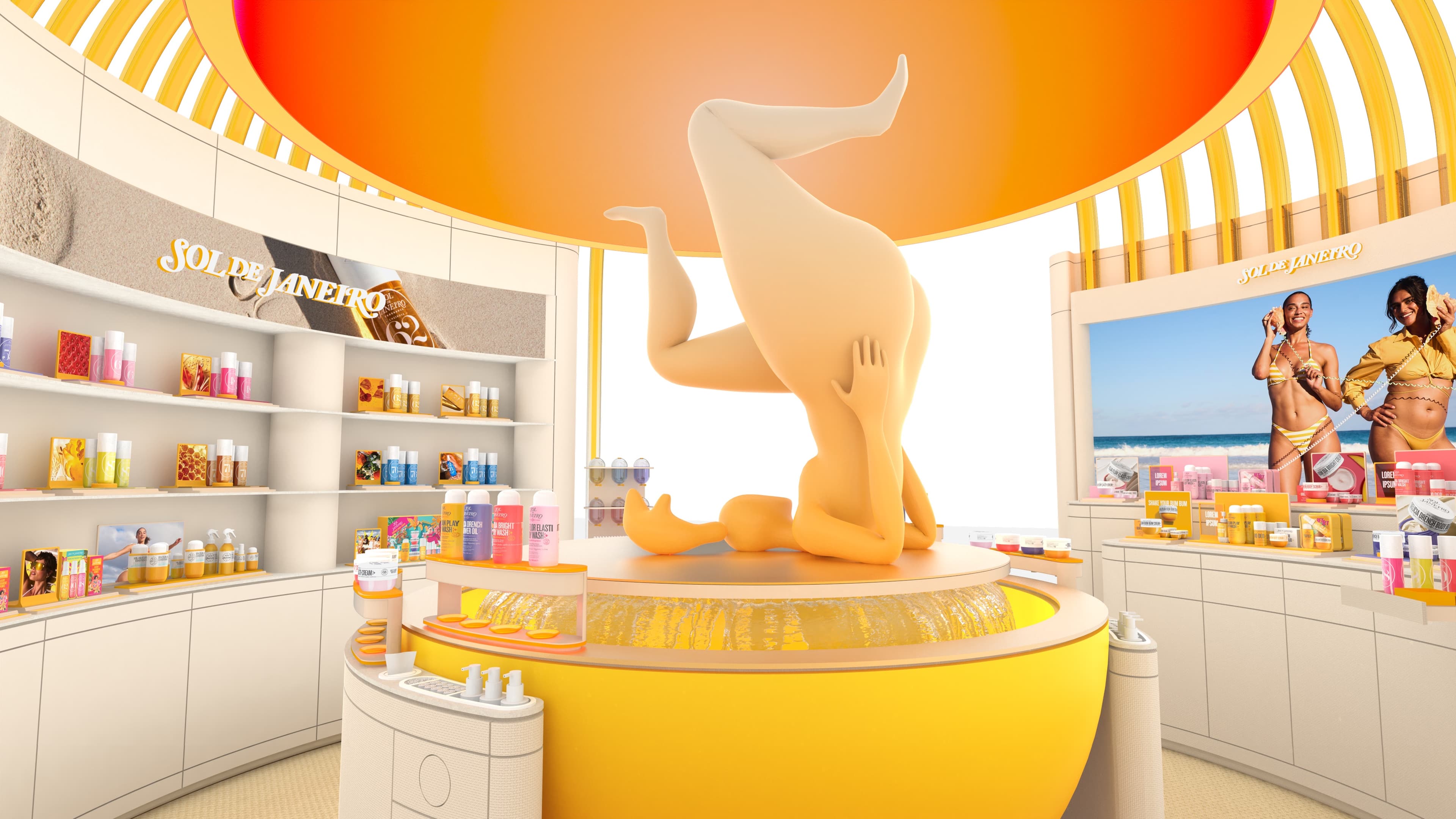 Popup store of the brand Sol de Janeiro showing a giant orange sculpture, round yellow shapes and a circular floorplan